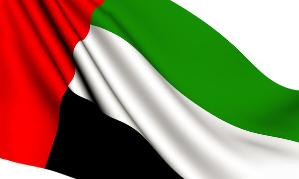 The United Arab Emirates (UAE) flag consists of three equal horizontal bands of green, white, and black, from top to bottom. On the left side, toward the hoist, there is a vertical red band that exten