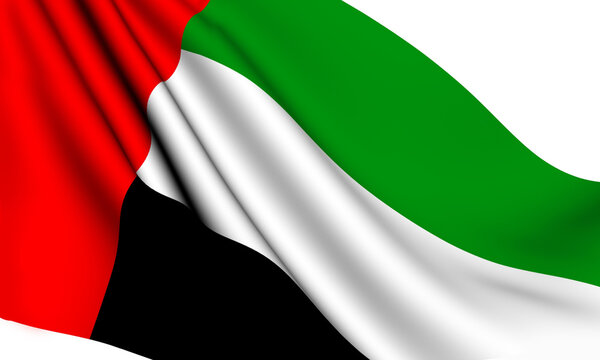 UAE Flag, The United Arab Emirates (UAE) flag consists of three equal horizontal bands of green, white, and black, from top to bottom. On the left side, toward the hoist, there is a vertical red band 