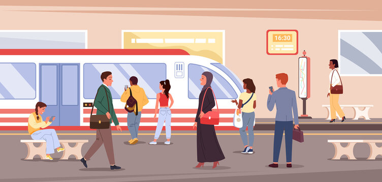 Cartoon crowd of people travel, waiting and standing on platform with metro train background. City transportation concept. Underground subway station interior with passengers vector illustration