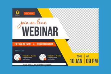 Invitation web banner to the online conference. Business webinar invitation design. Announcement poster concept. Modern abstract black background with place for photos