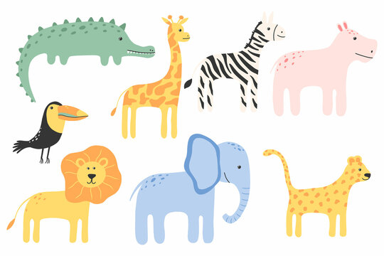 Hand drawn set of cute jungle animals. Jungle animals. Crocodile, giraffe, hippopotamus, zebra, toucan, elephant, lion, leopard. Baby animals. Vector illustration.