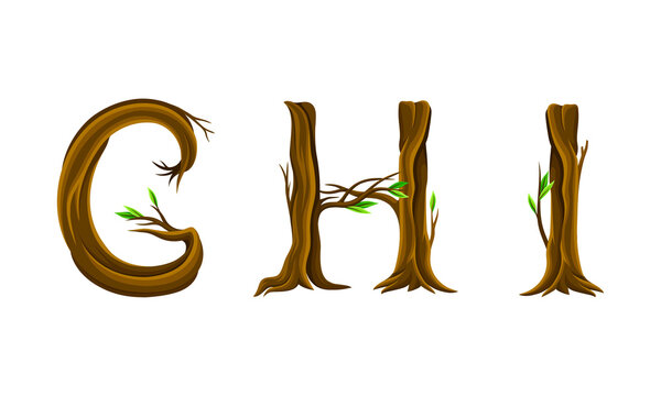 G,H,I letters made of branches and leaves. Eco english alphabet font vector illustration