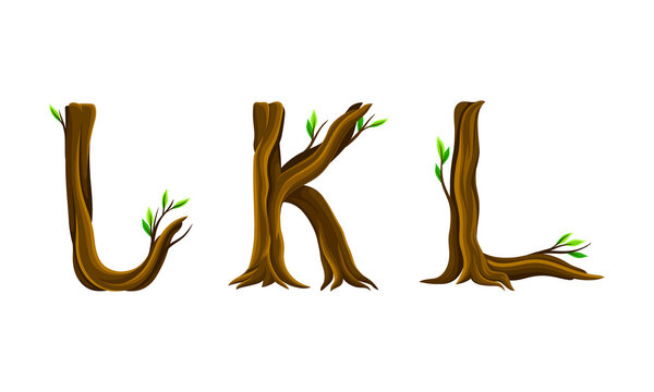 I,K,L letters made of branches and leaves. Eco english alphabet font vector illustration