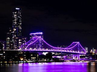 Story Bridge in Brisbane Lit Up Purple at Night in Long Exposure