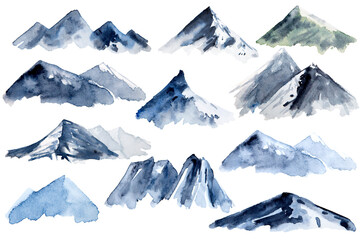 Wet with watercolor drawing of mountains isolated on white background. Hand painted illustration of nature landscapes for tourism and outdoor design.