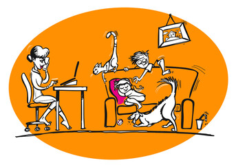 Illustration of a Female working from home. Her children and pets are playing in front of her