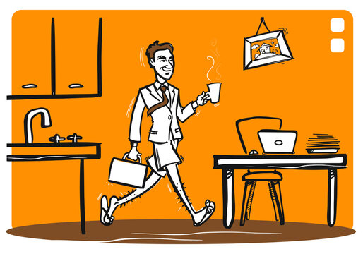 Man working from home. Walking from his kitchen to his kitchen office holding a cup of coffee