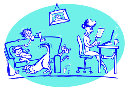 Illustration of a Female working from home. Her children and pets are behind her playing