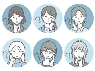 疑問に思う女性の丸アイコンセット（仕事向きの服装）