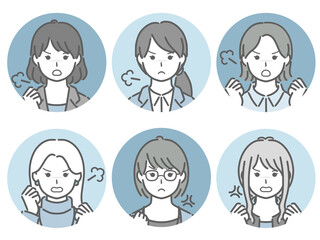 怒る女性の丸アイコンセット（仕事向きの服装）