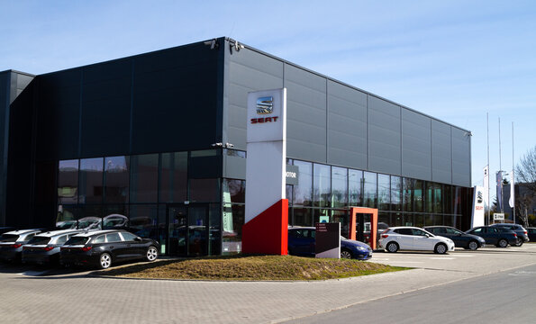 SEAT car dealership building. Spanish automobile manufacturer auto salon with corporation logo sign, company brand logotype signboard pylon on March 27, 2022 in Krakow, Poland.