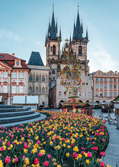 oldtown church, city, architecture, prague, europe, travel, castle, town, cityscape, building, landmark, old, panorama, tourism, view, sky, easter, spring, blue, sunrise, sunset, urban, czech, charles - obrazy, fototapety, plakaty
