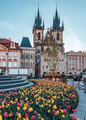 Tuinposter oldtown church, city, architecture, prague, europe, travel, castle, town, cityscape, building, landmark, old, panorama, tourism, view, sky, easter, spring, blue, sunrise, sunset, urban, czech, charles © PhiHung
