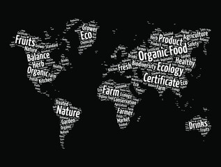 Fototapeta na wymiar Organic Food word cloud in shape of world map, concept background