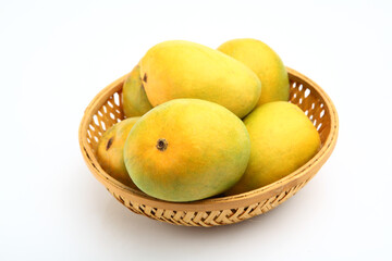 King of fruits; Alphonso Mango fruits in bamboo basket isolated on white background