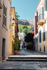 Fototapeta na wymiar Plaka,an old historical neighbourhood of Athens, clustered around the northern and eastern slopes of the Acropolis