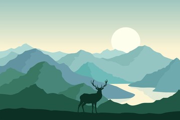 landscape With Mountain and deer 
