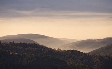 Fototapeta premium Scenic landscape with mountains covered in fog. Yedigoller National Park, Bolu, Turkey.