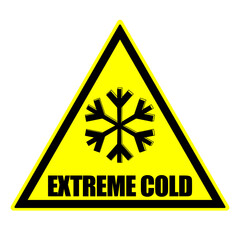 Extreme cold, yellow warning triangle sign on white background.