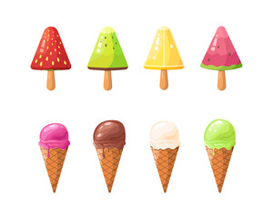 Ice cream collection, vector illustration. Watermelon, kiwi, strawberry, melon