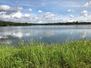 Panorama of mountain and lake beautiful calm reflection water.Beauty of nature concept background.
