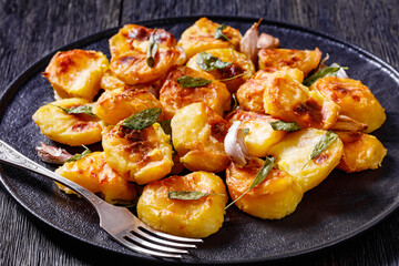 roasted squashed potatoes with garlic and sage