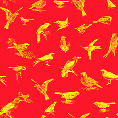 Seamless pattern with floral romantic elements, for your design. Endless texture, sketch humming-birds, watercolor flowers, isolated Vector illustration.