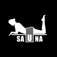 Sauna Spa Logo. Healing procedures and relaxating in bathhouse or sauna of hot steam. Body care therapy. Black background. Vector illustration