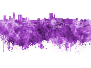 Birmingham skyline in purple watercolor on white background