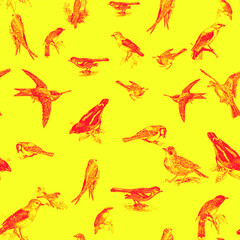 Seamless pattern with floral romantic elements, for your design. Endless texture, sketch humming-birds, watercolor flowers, isolated Vector illustration.