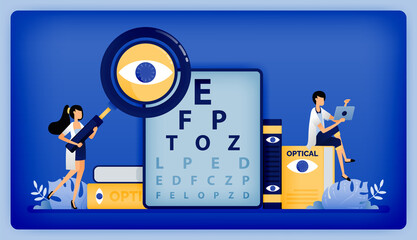 Optical health illustration of ophthalmologists seek best treatment from patients with eye disorders tested with Snellen. Can be used to landing page, web, website, poster, mobile apps, flyer, card