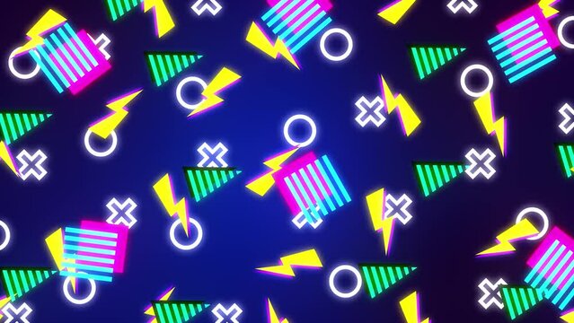 Seamless loop 4k pop art design.Retro abstract 90's style background 2d animation. Violet, yellow, purple, green, blue, cyan and pink colors. Vibrant neon geometrical shapes on purple background.