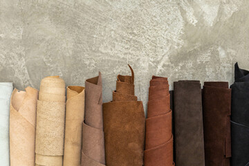 Material for creating handmade production at leather workshop. - obrazy, fototapety, plakaty