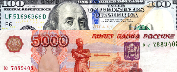 Russian rouble banknote and american dollar for trade and economic concept