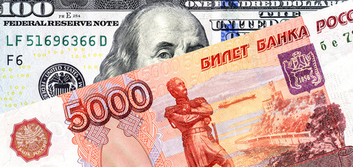 Russian rouble banknote and american dollar for trade and economic concept