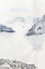 Fototapeta na wymiar fog on a mountain lake