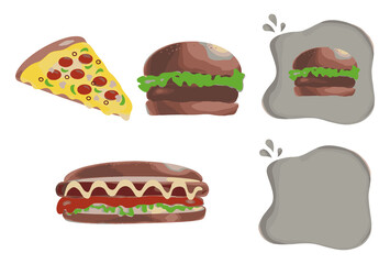 Hand drawn junk food set. pizza burger and hotdog