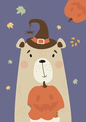 Cute bear in witch hat with spider and pumpkin Jack for Halloween on purple background with autumn leaves. Vector illustration. For design, print, nursery, room decor, greeting cards, kids collection