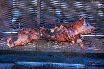 Roasting suckling pig/Cochon de lait en train de rôtir