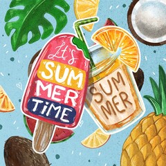 Hand Drawing Markers Summer Poster Ice Cream and Juice with lettering on tropical fruits background. Use for poster, card, design, print, pattern