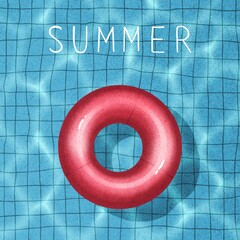 Hand Drawing Summer vacation illustration. Pink inflatable circle in blue swimming pool with summer lettering. Use for poster, card, flyers, design, print, postcard, template, textile