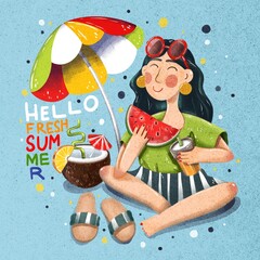 Hand Drawing Markers Summer Poster with Happy Smiling Gilr sitting under Umbrella with Watermelon and Coconut Cocktail. Use for poster, card, design, print, pattern