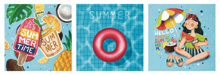 Bright collection of Hand Drawn illustrations on the Summer Theme. A set of posters: Fresh Drinks on a Tropival background, Happy Girl on Beach under an umbrella and pink inflatable circle in Pool.