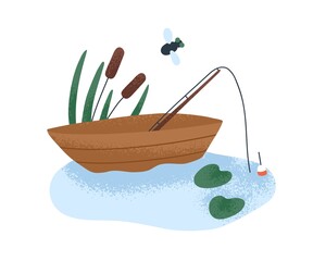 Empty wood boat with fishing rod, pole and bobber floating on lake water. Peaceful fairytale nature with wooden vessel in river. Childish flat vector illustration isolated on white background - obrazy, fototapety, plakaty