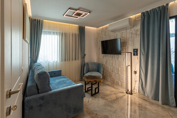 Interior of a modern apartment with marble floor