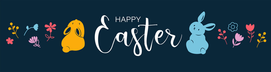Happy Easter card, cute bunny, eggs and flowers elements, vector illustration