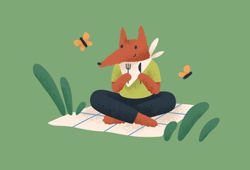 Cute fox relaxing in nature, sitting on picnic blanket on summer holidays. Funny happy baby animal eating outdoors. Fairytale childish character from fiction. Childrens flat vector illustration