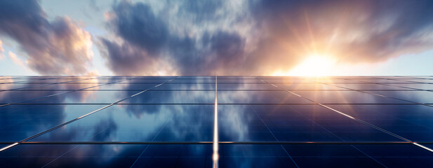 Renewable energy concept. Solar panels with cloudy sky in the background. 3D rendering.