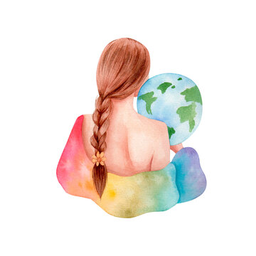 Woman hugging earth planet. Earth day Illustration. Girl hugs the planet. Watercolor illustration with peace on earth. Illustration for cards and posters or other design.