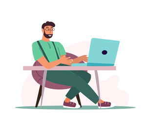 Man work with laptop through internet.Freelance IT worker working online.Person Freelancer sitting in chair and typing smth with computer on laps. Flat vector illustration isolated on white background